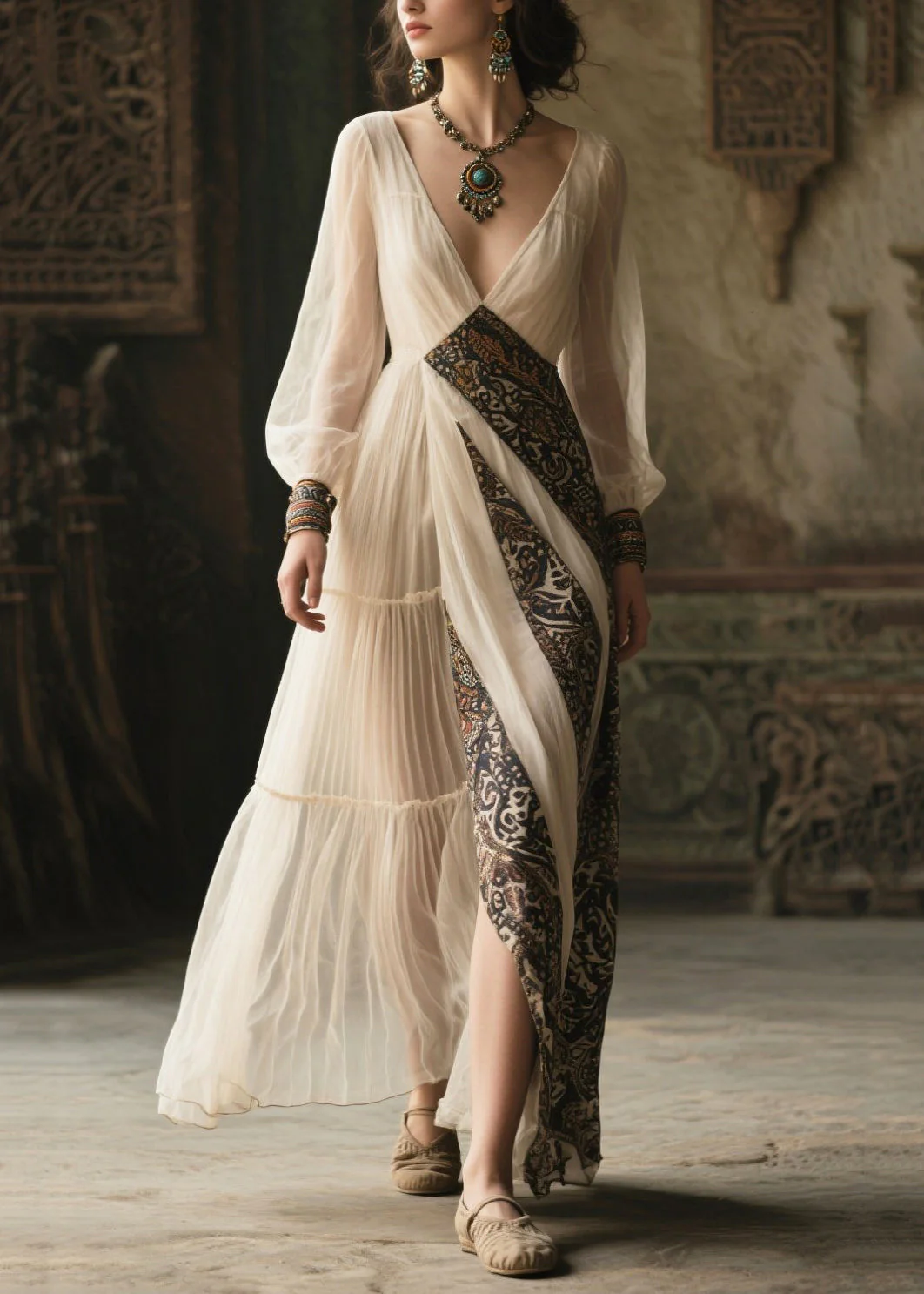French White V Neck Patchwork Chiffon Ankle Dress Summer - Image 3