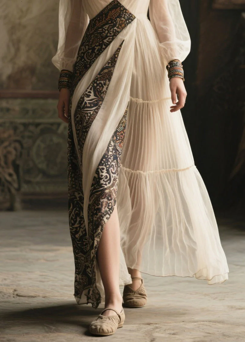 French White V Neck Patchwork Chiffon Ankle Dress Summer - Image 4