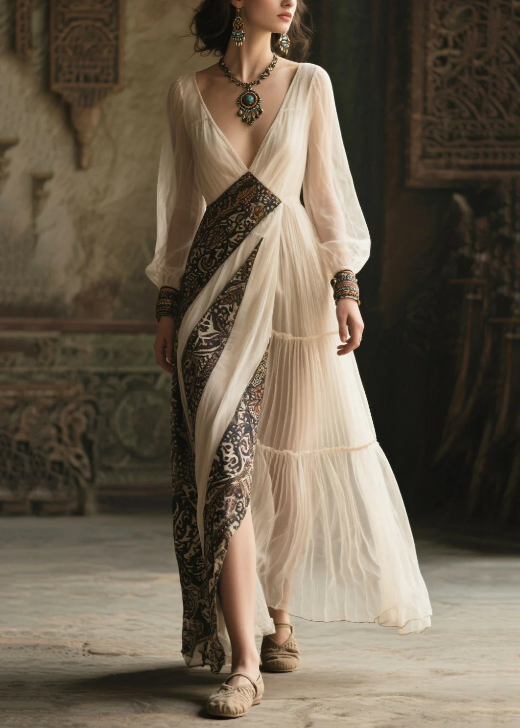 French White V Neck Patchwork Chiffon Ankle Dress Summer - Image 5