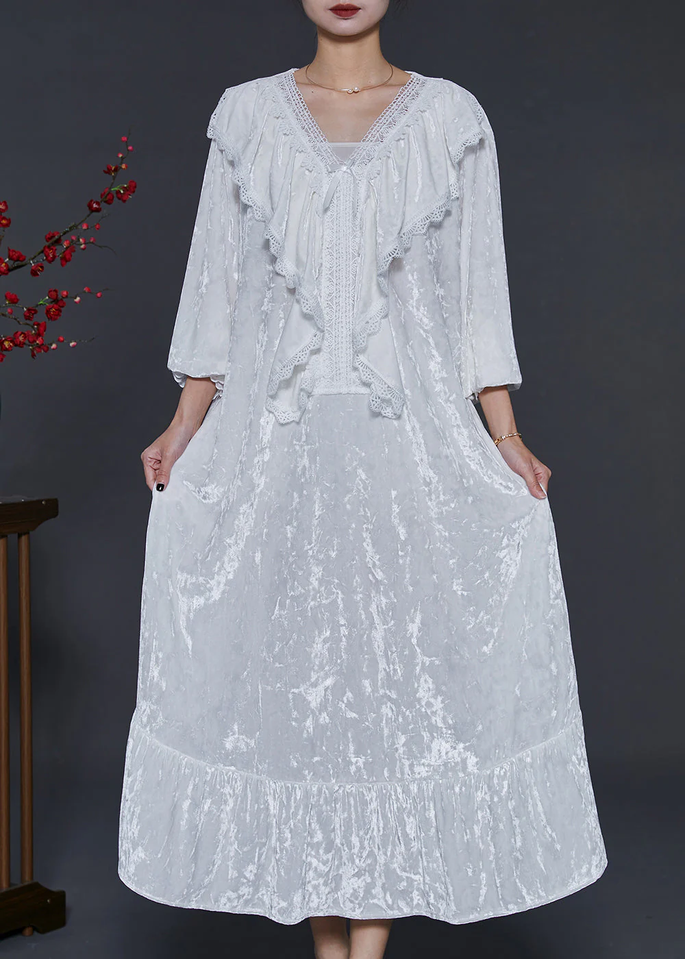 French White V Neck Ruffles Silk Velvet Long Dress Fall - Image 2