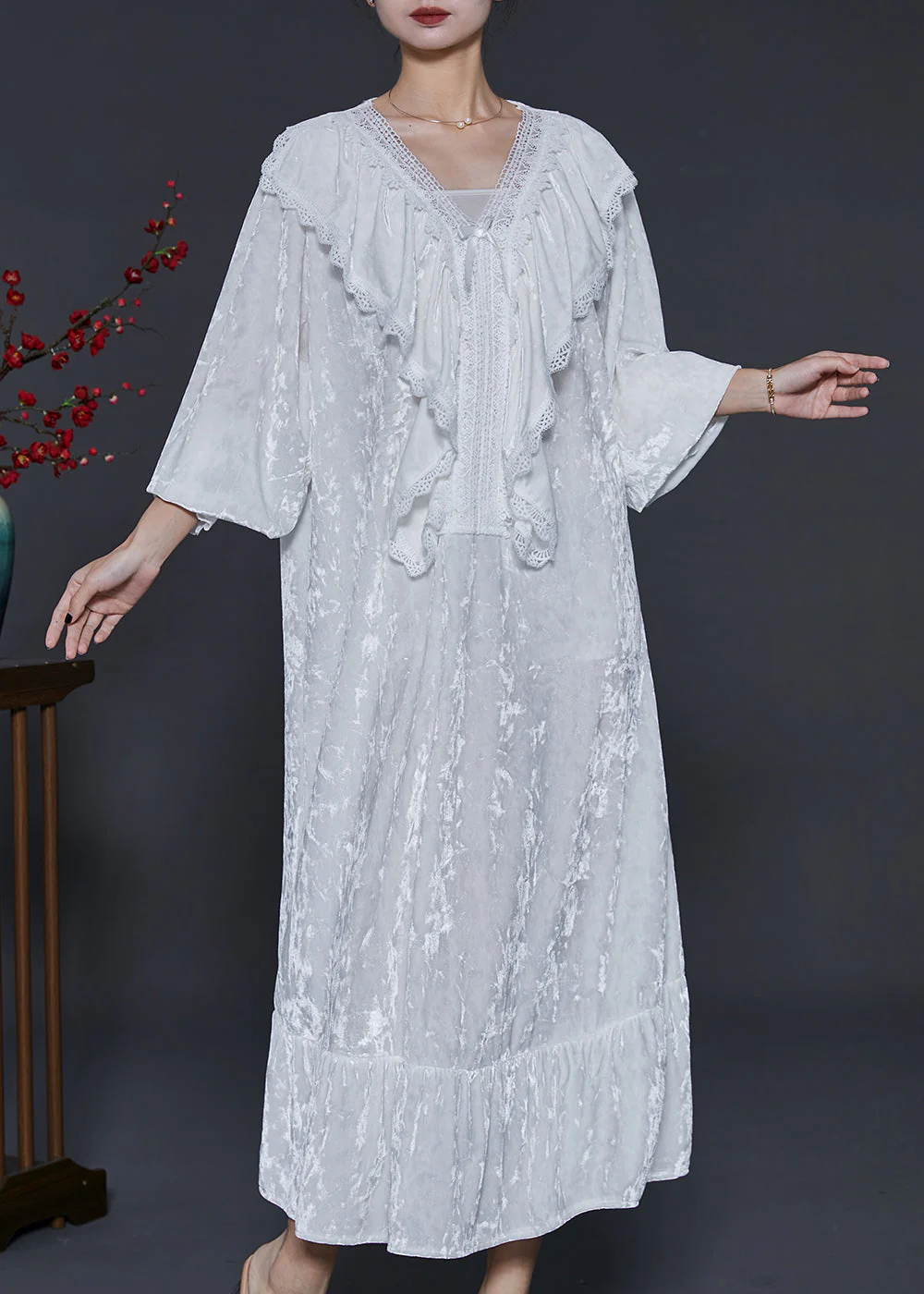 French White V Neck Ruffles Silk Velvet Long Dress Fall - Image 3