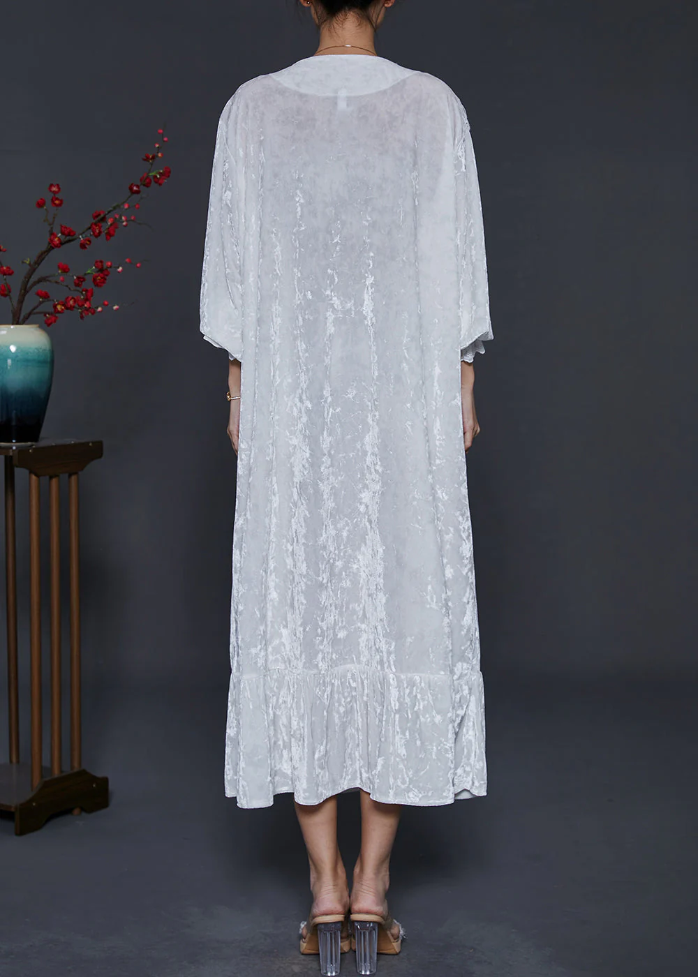French White V Neck Ruffles Silk Velvet Long Dress Fall - Image 4