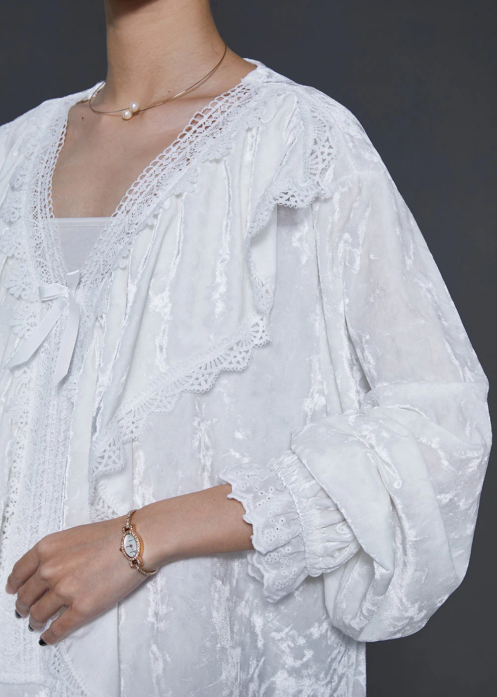 French White V Neck Ruffles Silk Velvet Long Dress Fall - Image 5