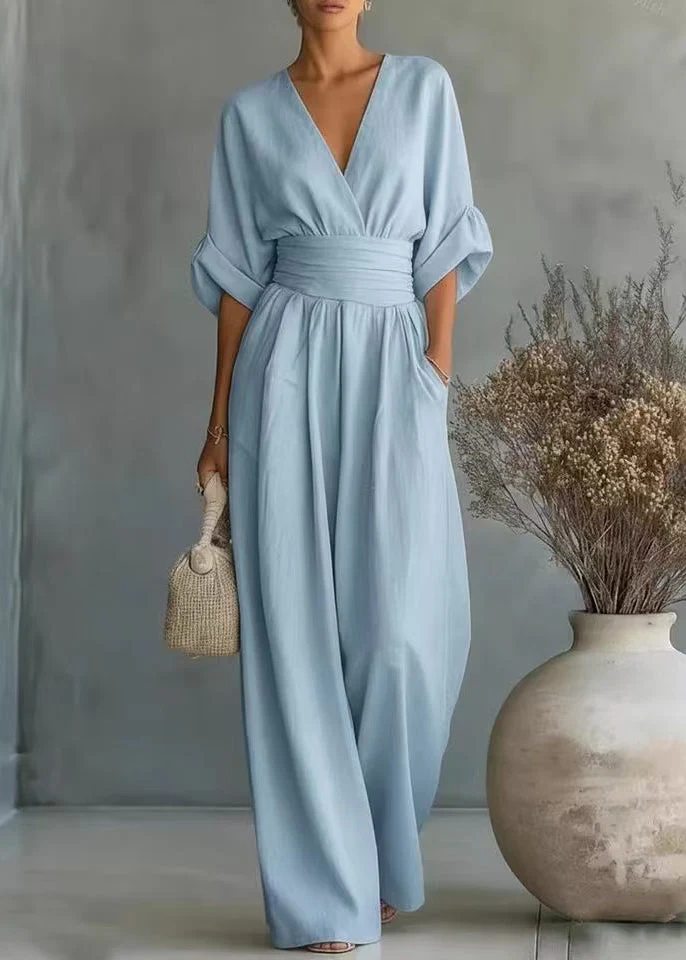 French White V Neck Silm Fit Linen Jumpsuit Summer - Image 3