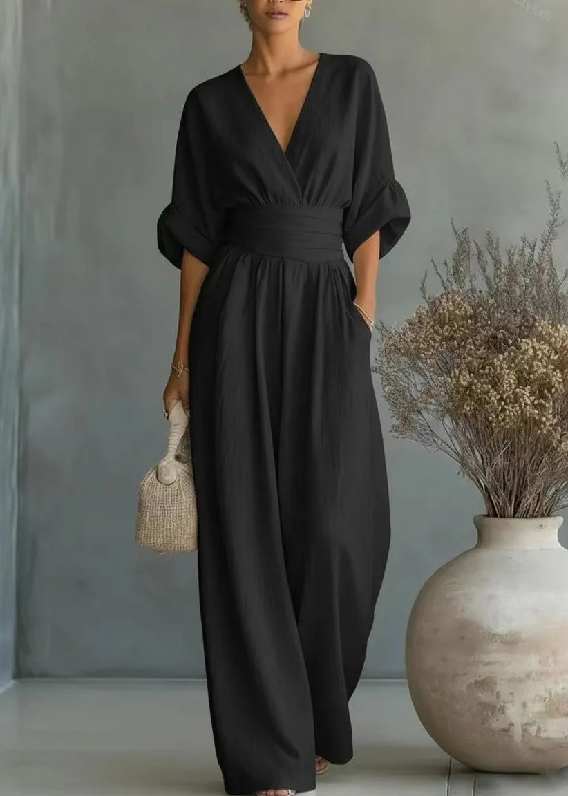French White V Neck Silm Fit Linen Jumpsuit Summer - Image 4