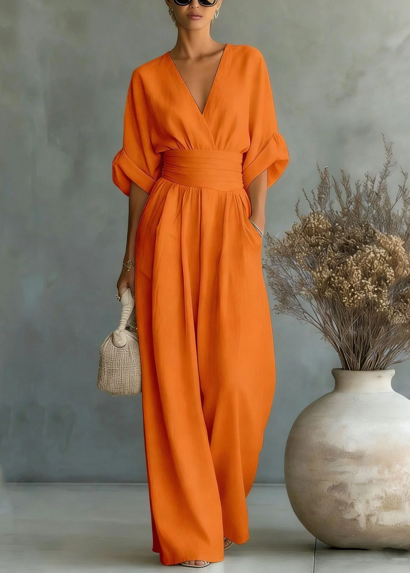 French White V Neck Silm Fit Linen Jumpsuit Summer - Image 5
