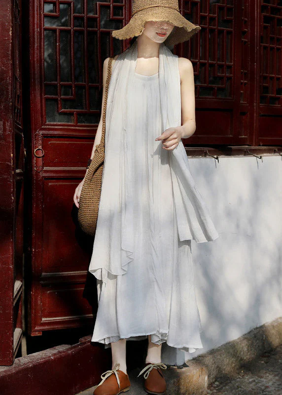 French White Wrinkled Linen Spaghetti Strap Dress And Shawl Two Pieces Set Summer - Image 2