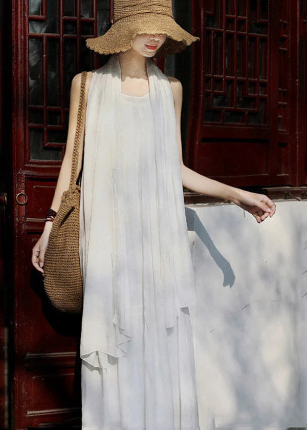 French White Wrinkled Linen Spaghetti Strap Dress And Shawl Two Pieces Set Summer - Image 3