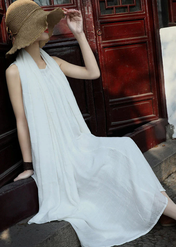 French White Wrinkled Linen Spaghetti Strap Dress And Shawl Two Pieces Set Summer - Image 4
