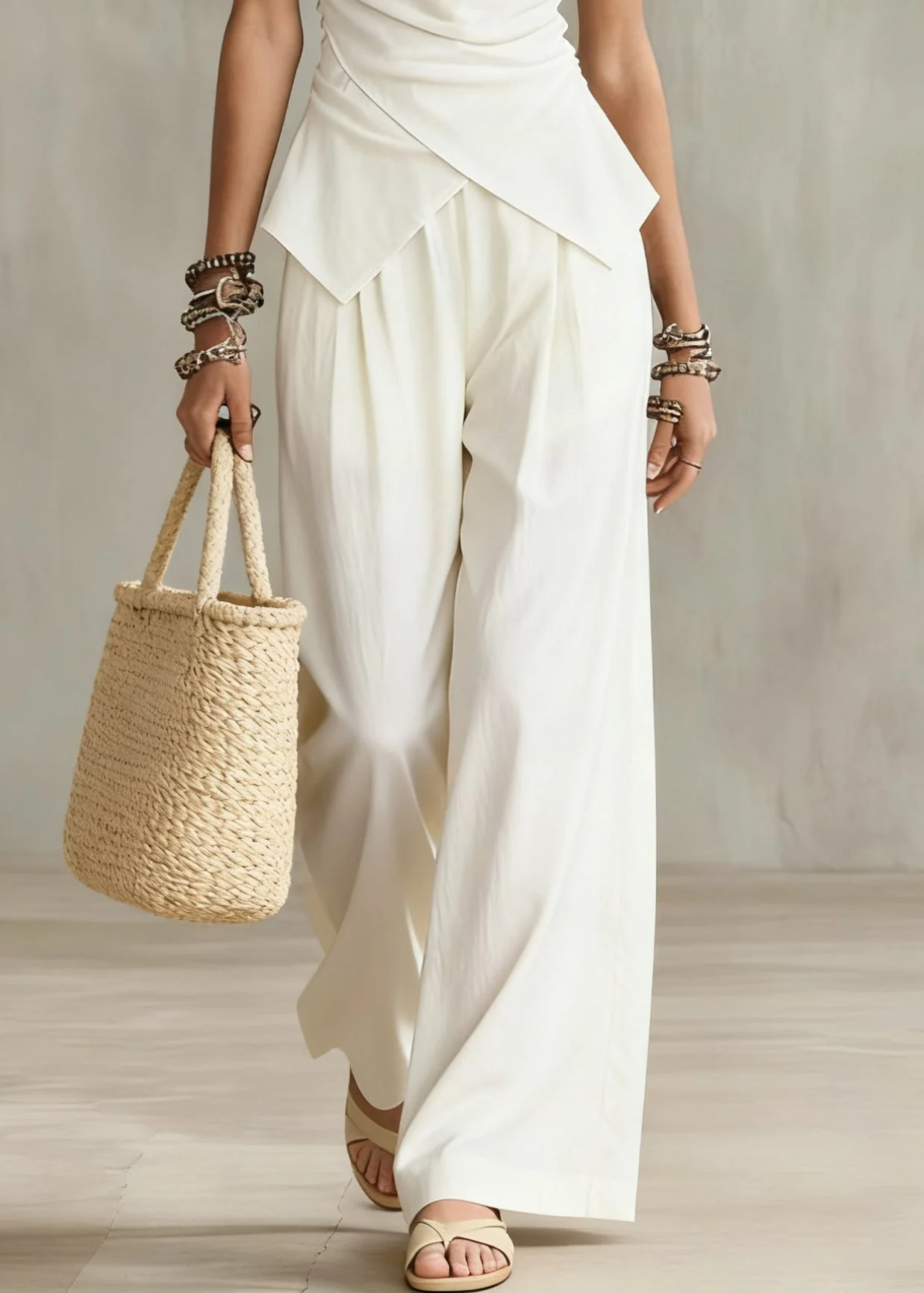 French White Wrinkled Solid Tops And Wide Leg Pants Cotton Two Pieces Set Sleeveless - Image 4