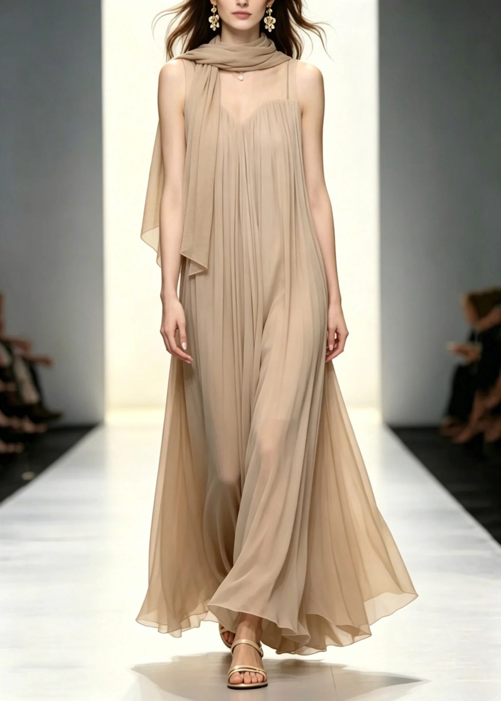French Wrinkled Patchwork Vacation Long A Line Dresses Summer - Image 3