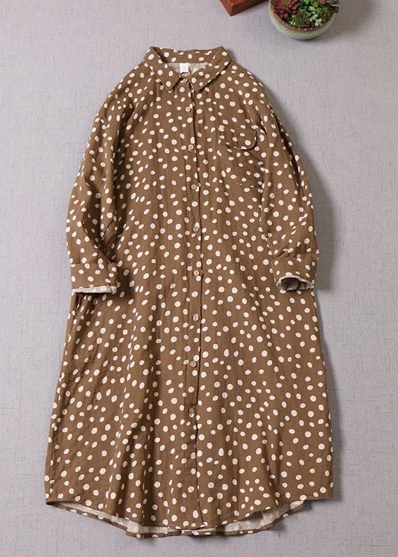 French Yellow Brown Button Dot Print Cotton Dress Spring - Image 2