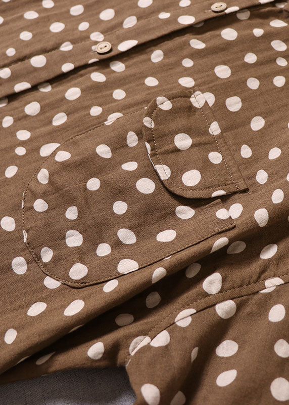 French Yellow Brown Button Dot Print Cotton Dress Spring - Image 3
