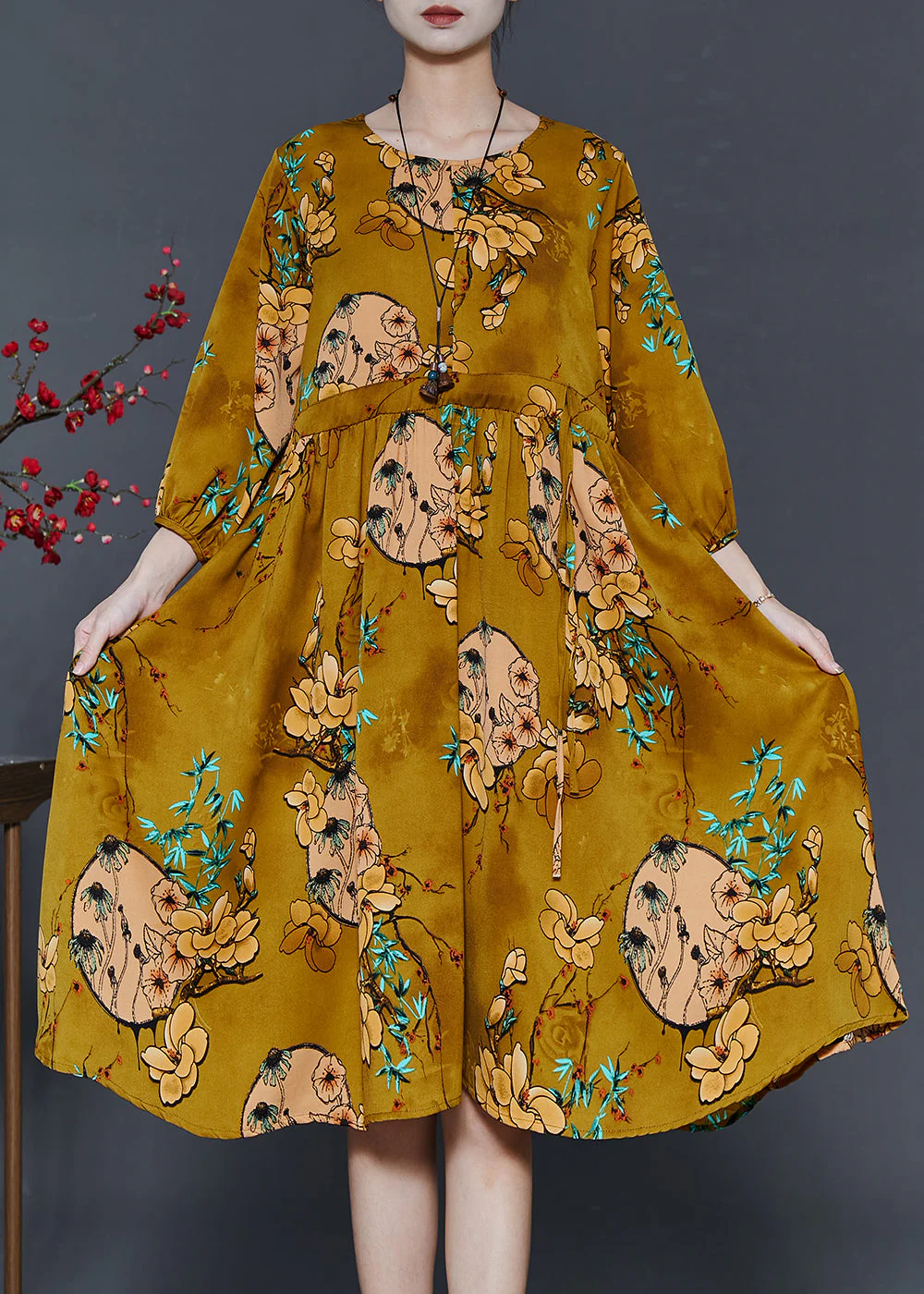 French Yellow Cinched Print Chiffon Dresses Summer - Image 2