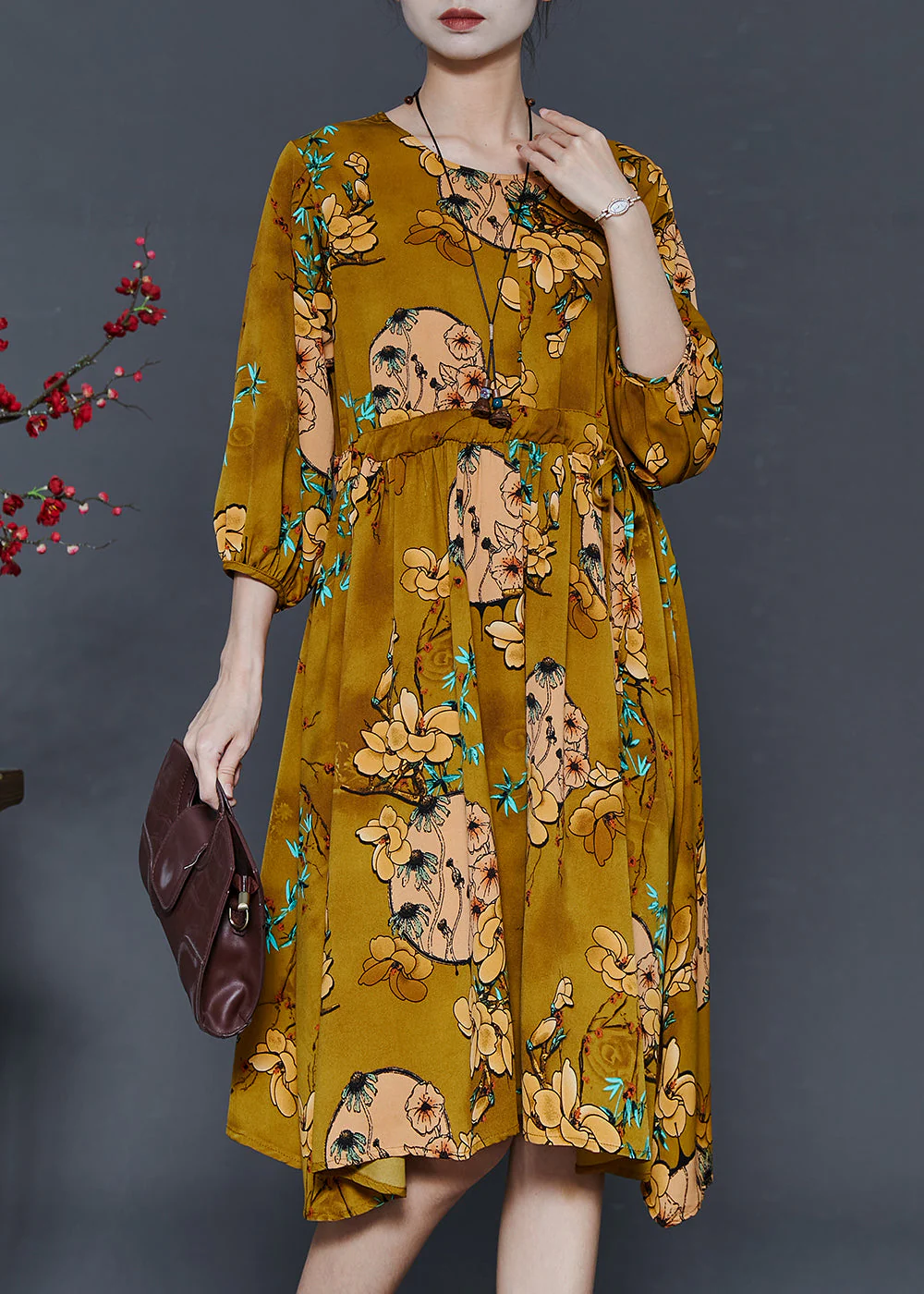 French Yellow Cinched Print Chiffon Dresses Summer - Image 3