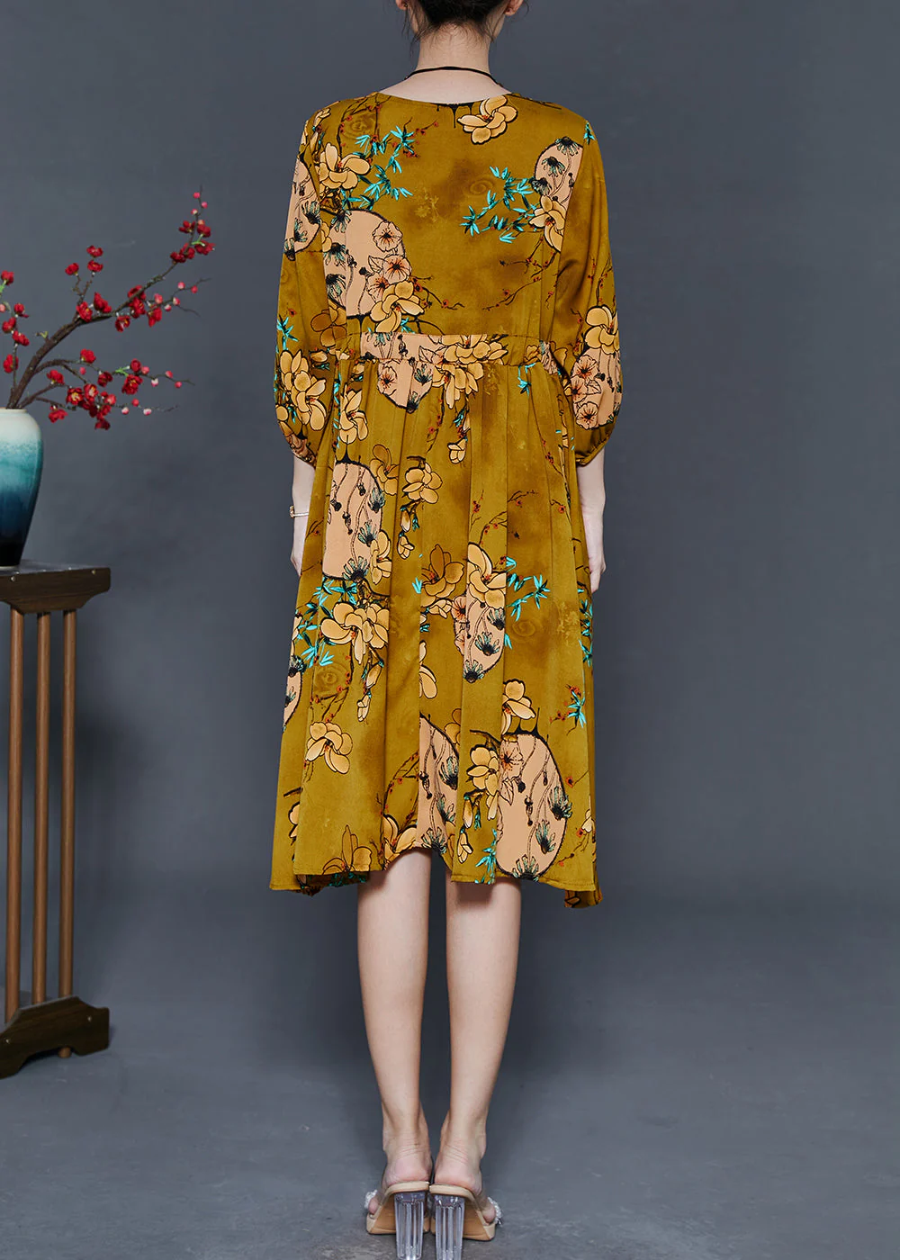 French Yellow Cinched Print Chiffon Dresses Summer - Image 4