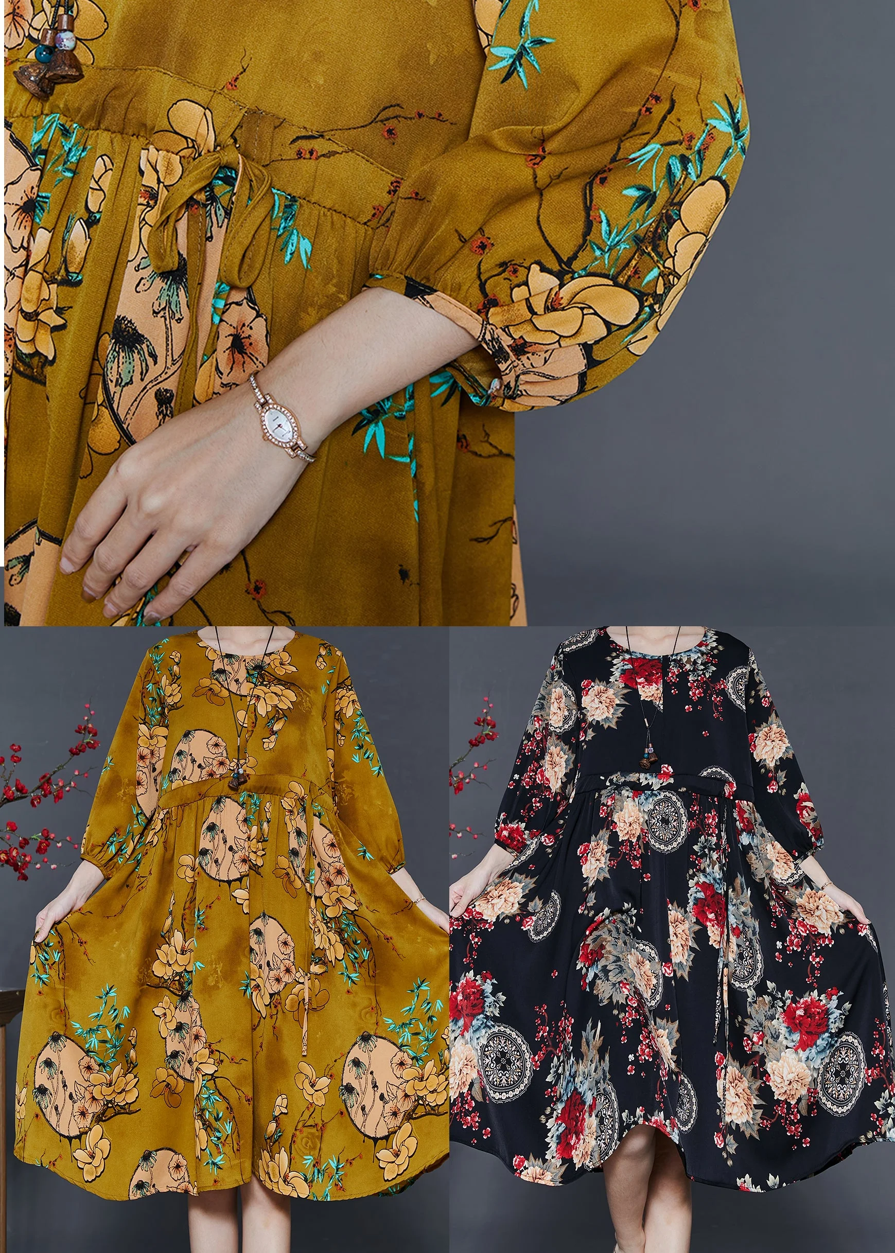 French Yellow Cinched Print Chiffon Dresses Summer - Image 5