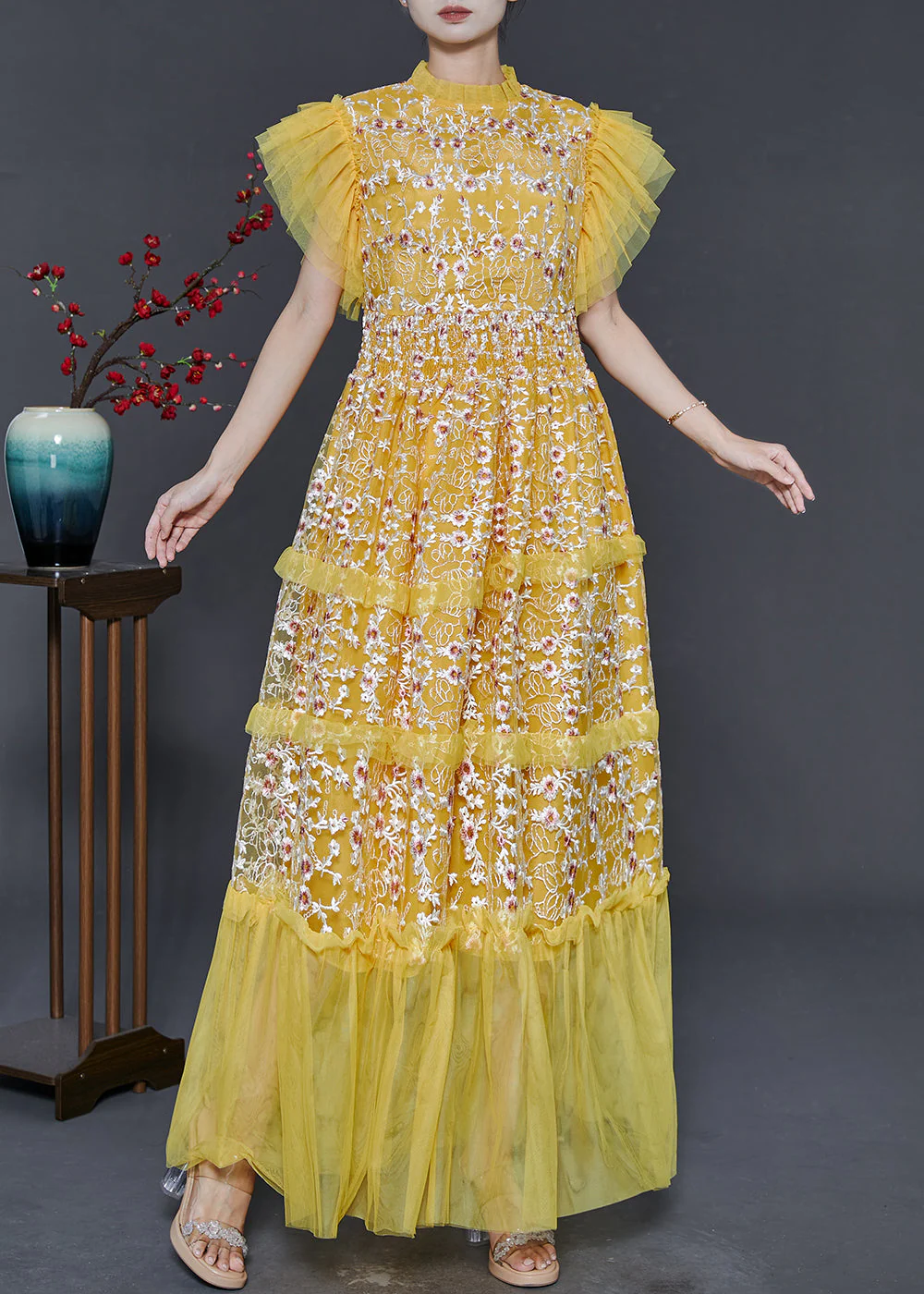 French Yellow Embroidered Patchwork Tulle Holiday Dress Summer - Image 2