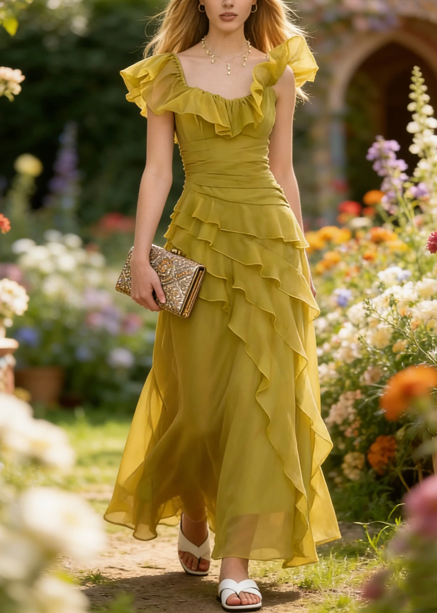 French Yellow Green Ruffled Patchwork Chiffon Dresses Summer - Image 5