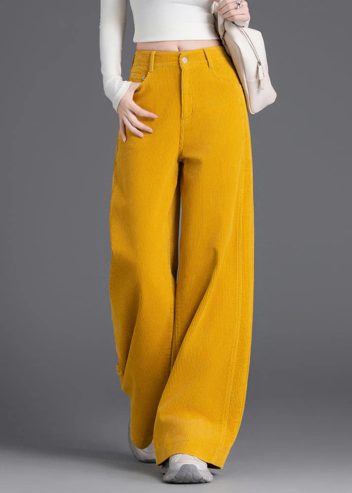 French Yellow High Waist Corduroy Straight Pants Spring - Image 3