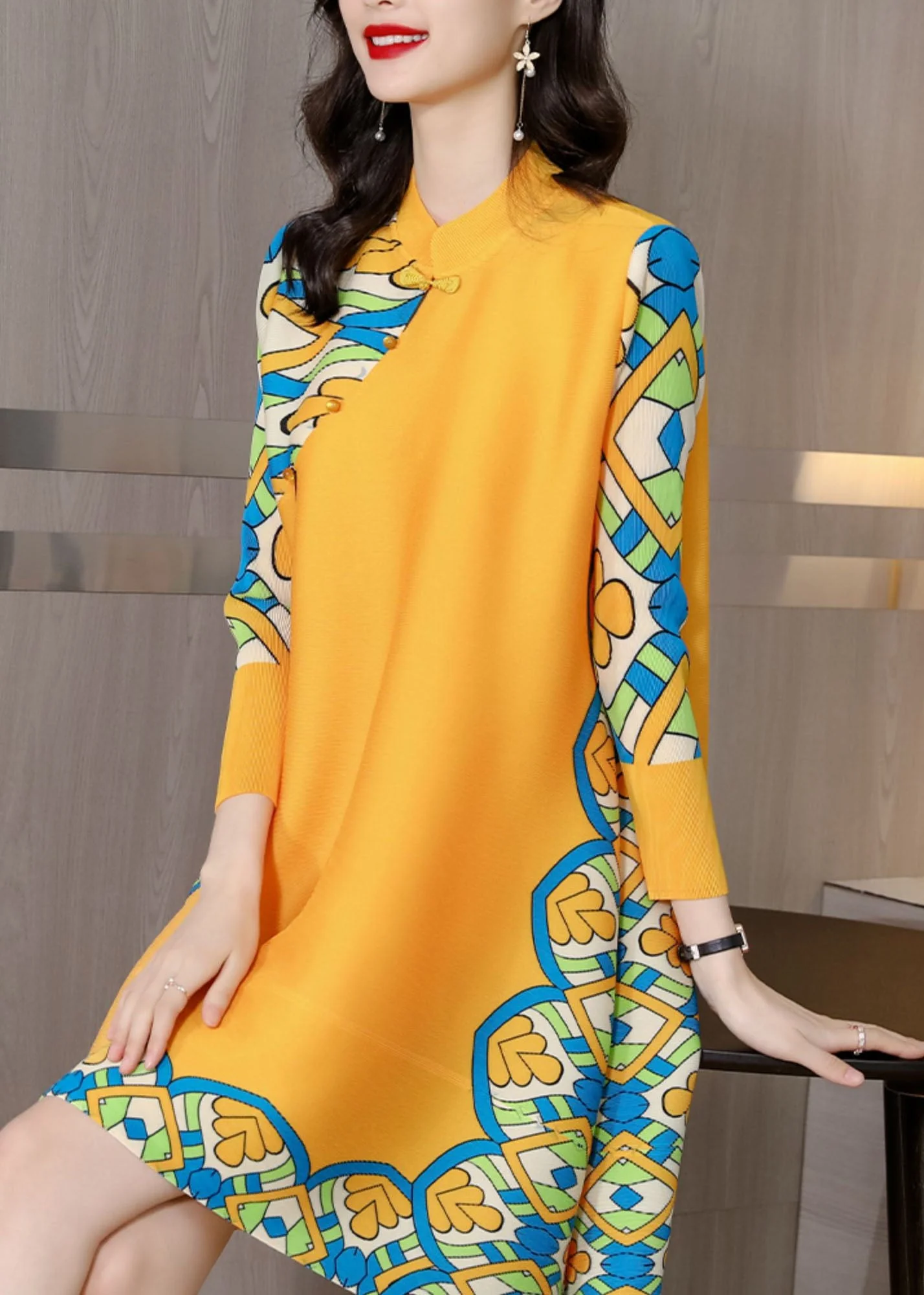 French Yellow Mandarin Collar Button Print Silk Cheongsam Dress Long Sleeve - Image 3