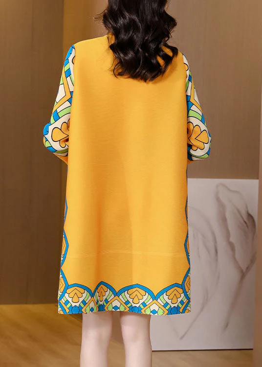 French Yellow Mandarin Collar Button Print Silk Cheongsam Dress Long Sleeve - Image 4