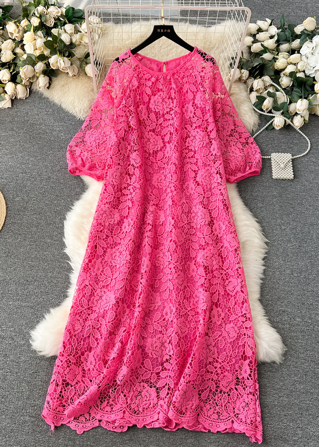 French Yellow O Neck Hollow Out Lace Dresses Summer - Image 2