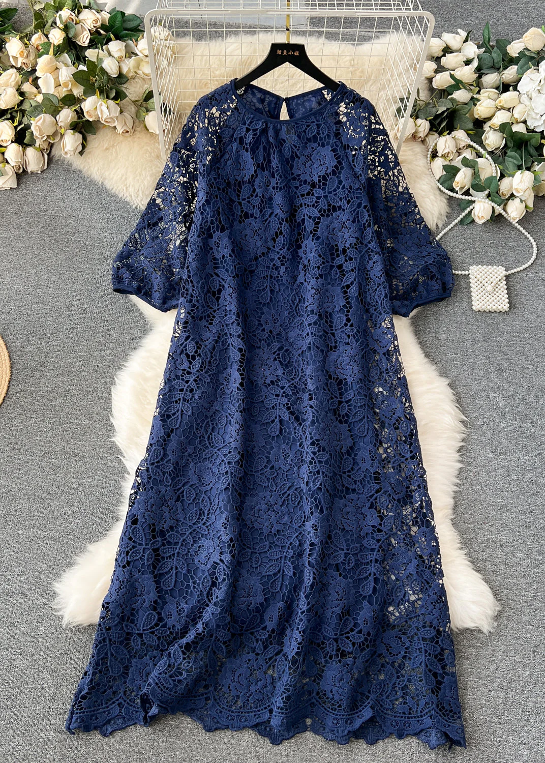 French Yellow O Neck Hollow Out Lace Dresses Summer - Image 3