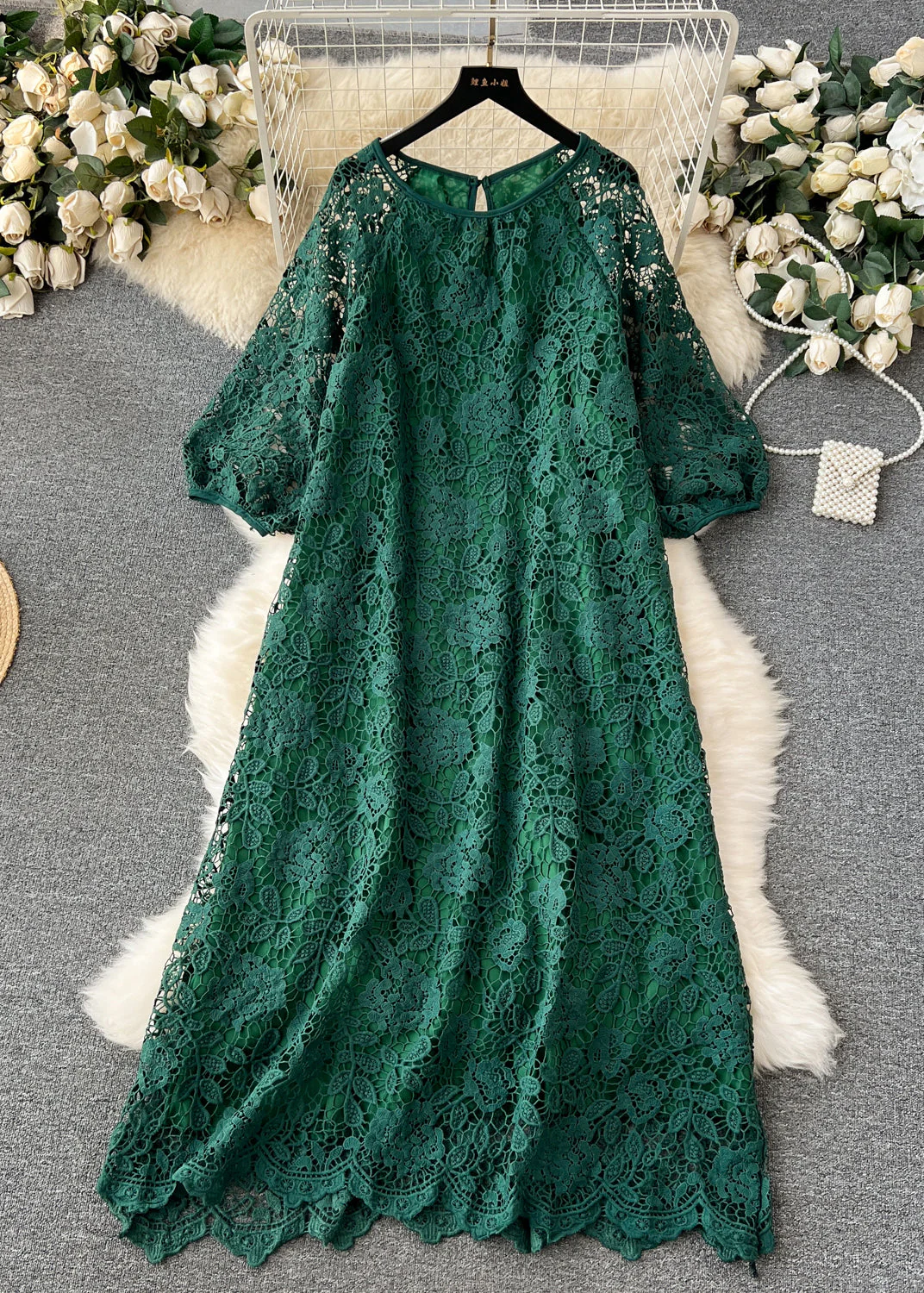 French Yellow O Neck Hollow Out Lace Dresses Summer - Image 4