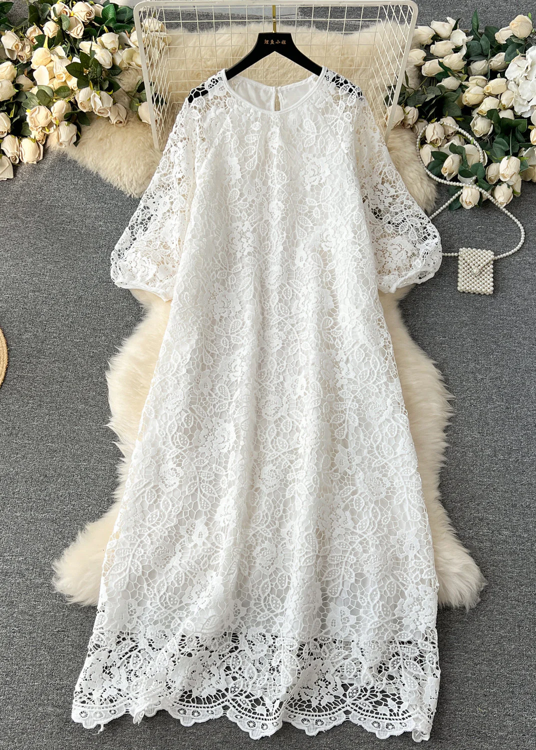 French Yellow O Neck Hollow Out Lace Dresses Summer - Image 5