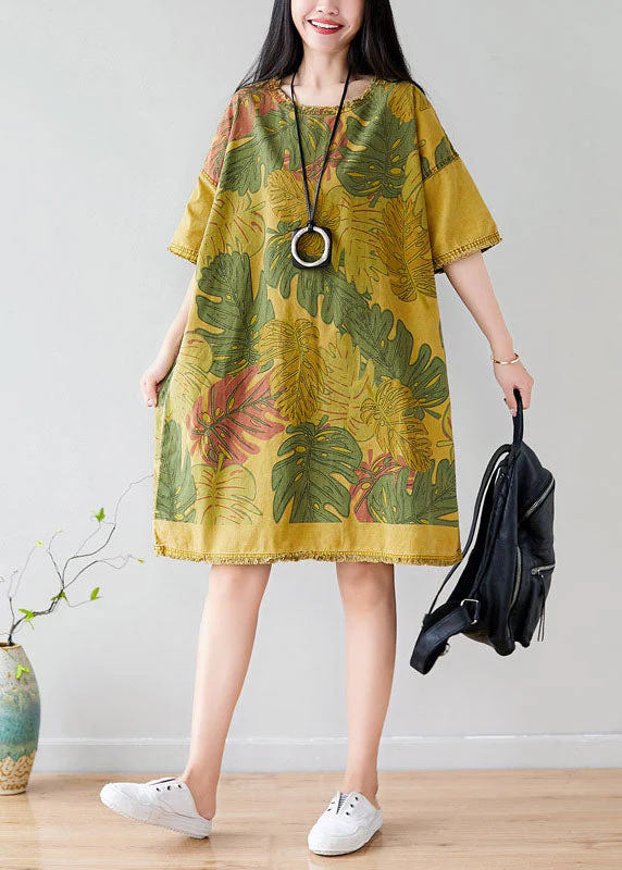 French Yellow O-Neck Oversized Print Cotton Vacation Dresses Short Sleeve - Image 2