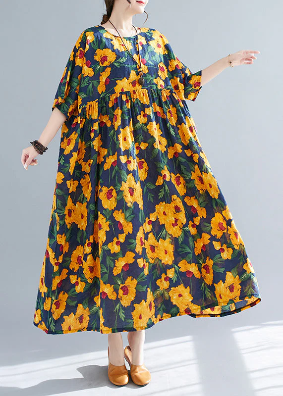 French Yellow O-Neck Print Cotton Long Dresses Short Sleeve - Image 2