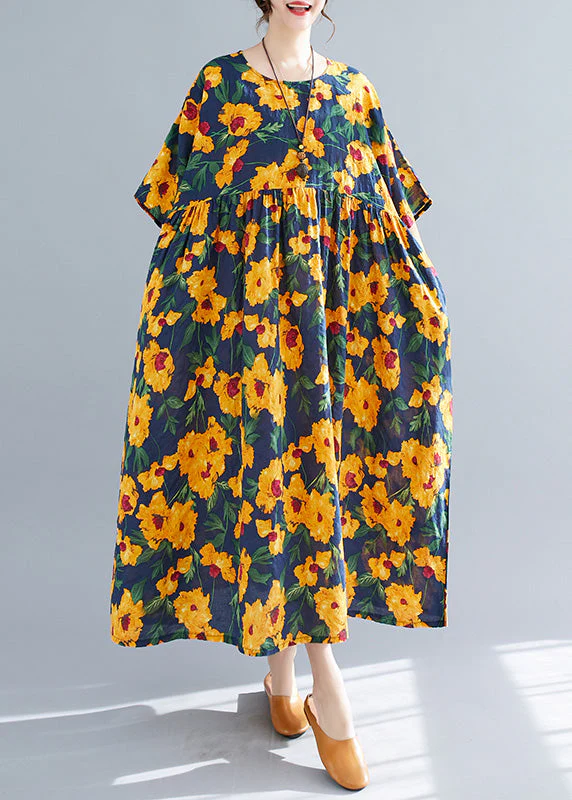 French Yellow O-Neck Print Cotton Long Dresses Short Sleeve - Image 3