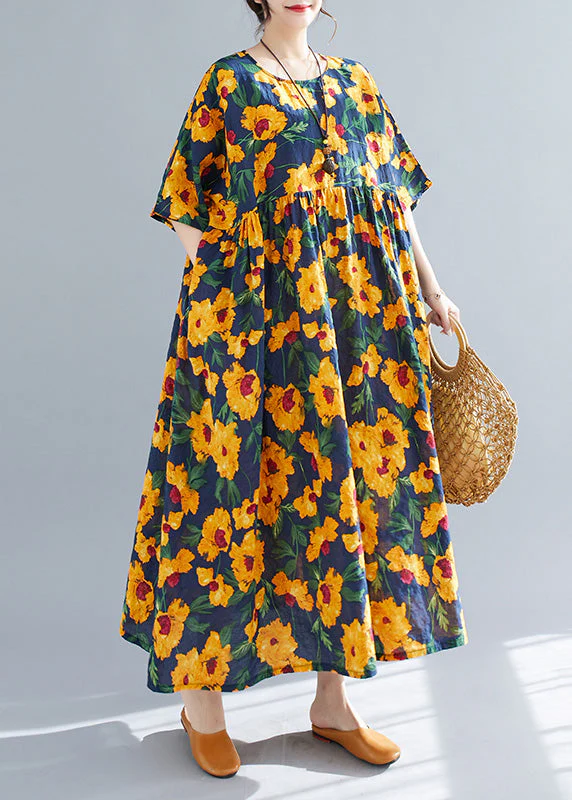 French Yellow O-Neck Print Cotton Long Dresses Short Sleeve - Image 4