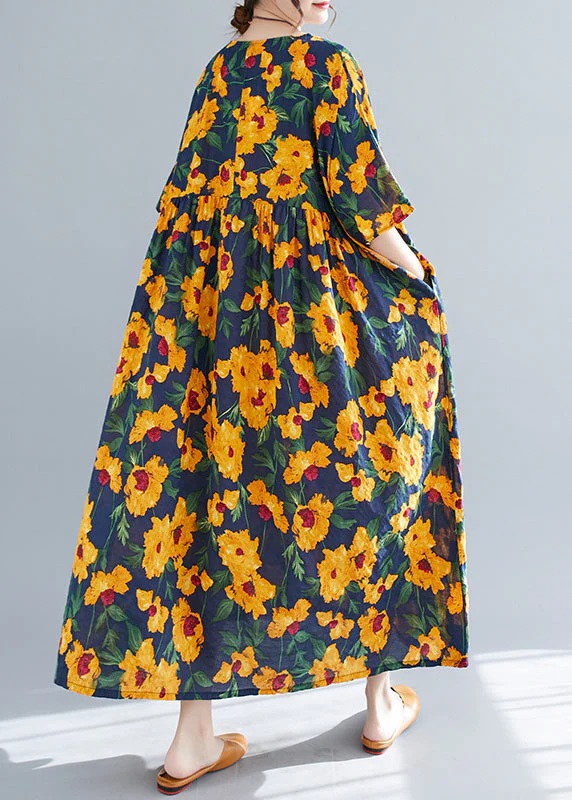 French Yellow O-Neck Print Cotton Long Dresses Short Sleeve - Image 5