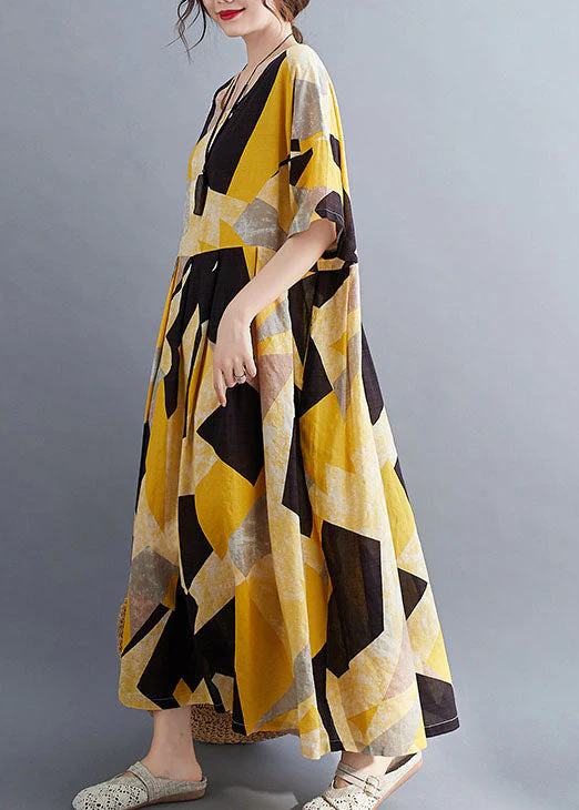 French Yellow O-Neck Print Exra Large Hem Cotton Cinch Long Dress Short Sleeve - Image 4