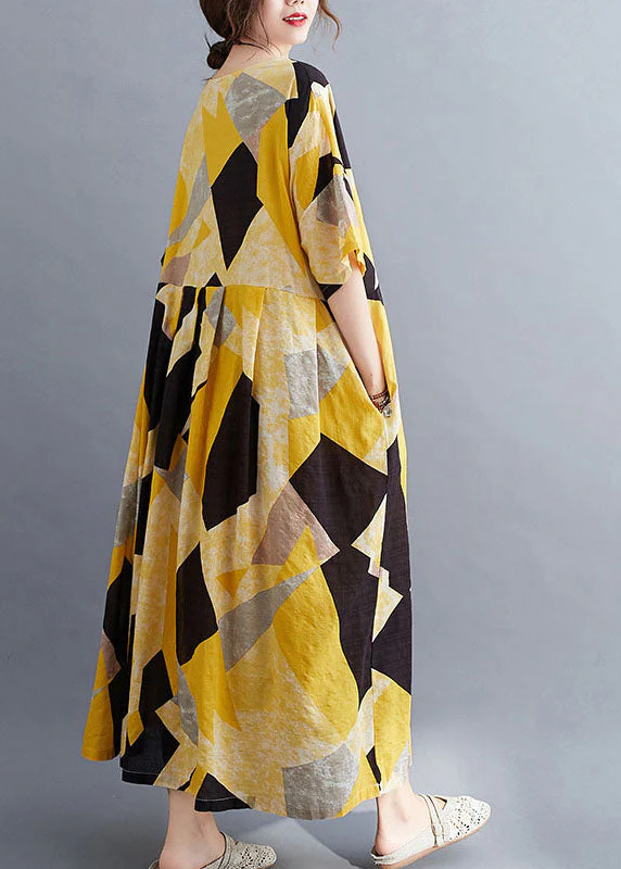French Yellow O-Neck Print Exra Large Hem Cotton Cinch Long Dress Short Sleeve - Image 5
