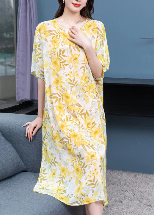 French Yellow O Neck Print Patchwork Chiffon Mid Dresses Summer - Image 3