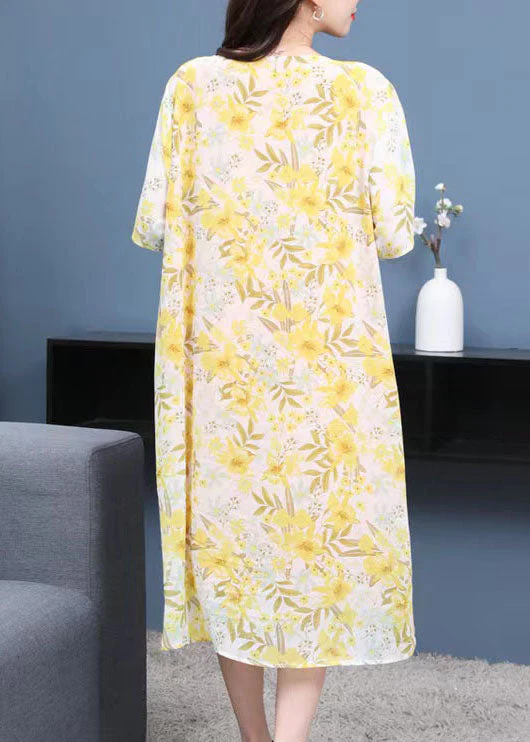 French Yellow O Neck Print Patchwork Chiffon Mid Dresses Summer - Image 5