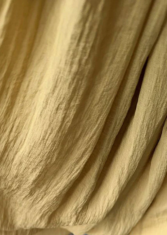 French Yellow O-Neck Wrinkled Cotton Long Dress Sleeveless - Image 5