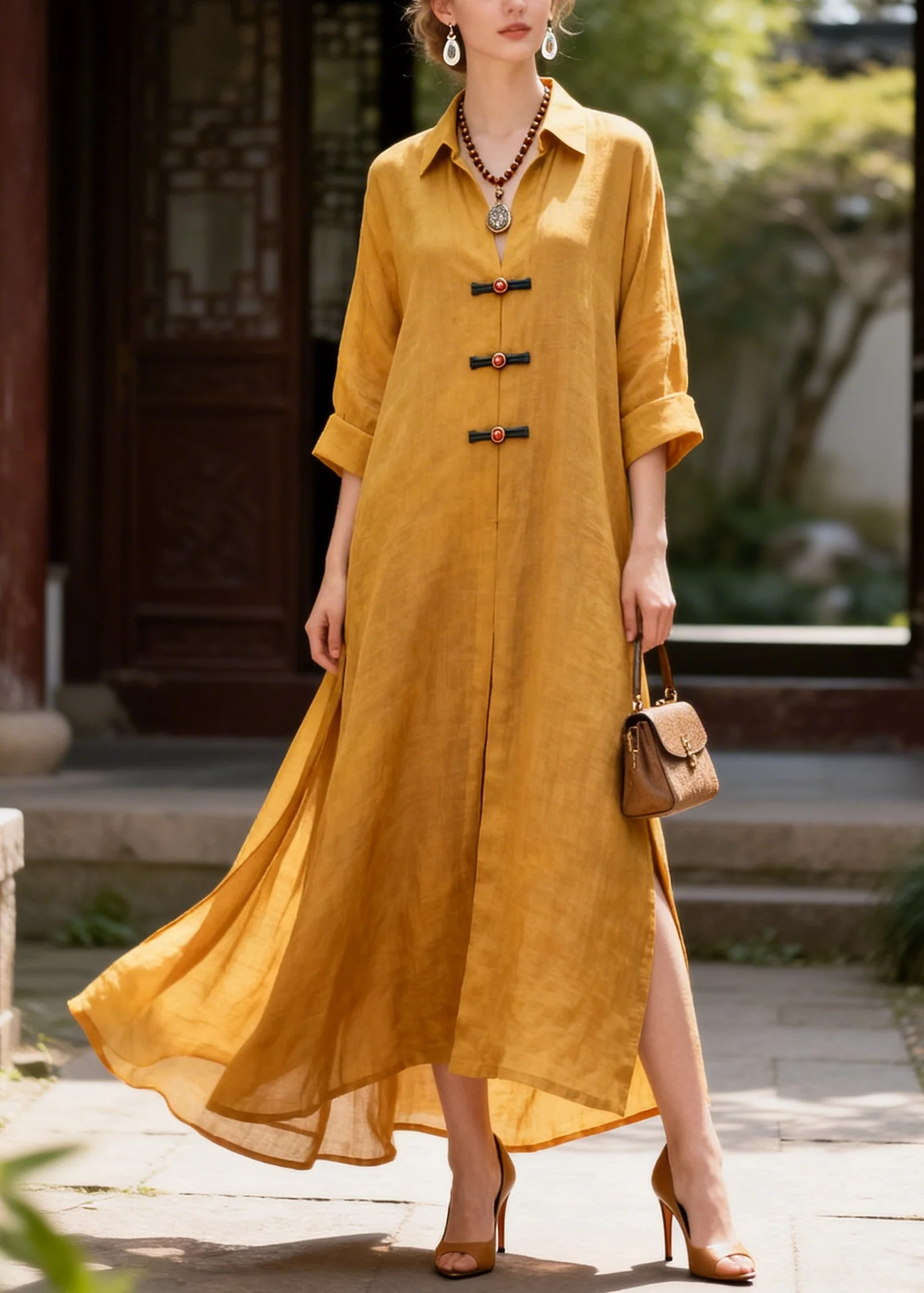 French Yellow Oversized Chinese Button Cotton Long Dress Summer - Image 5