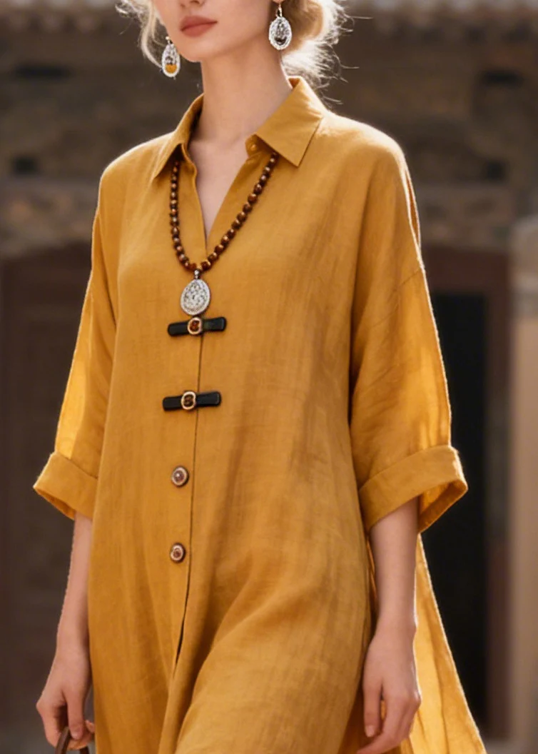 French Yellow Oversized Exra Large Hem Cotton Long Dress Summer - Image 2