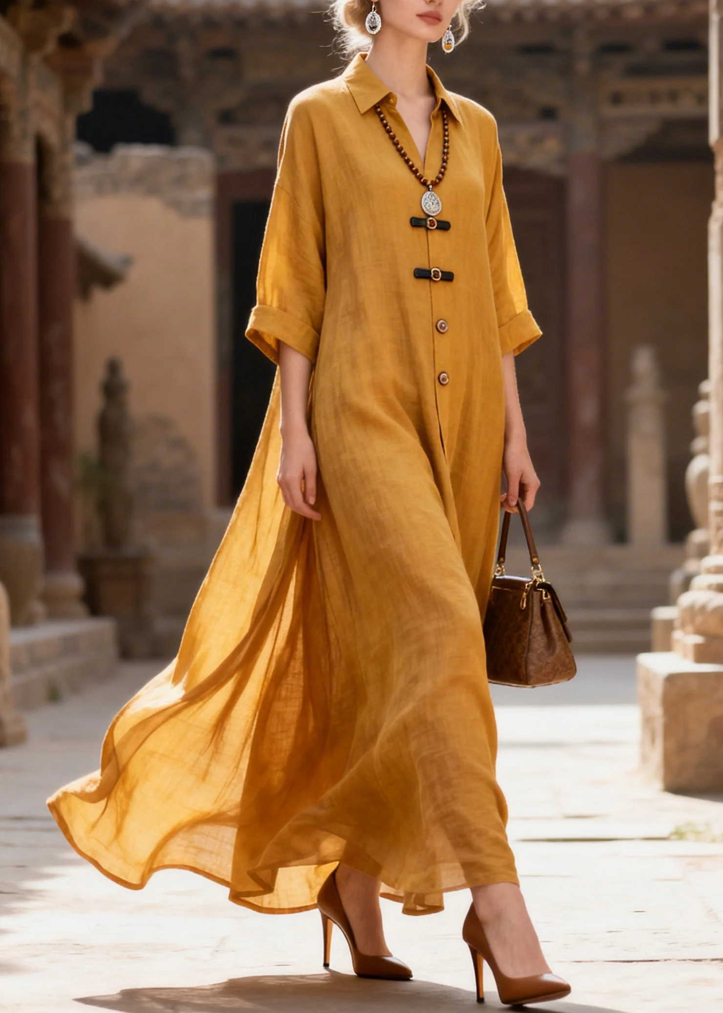 French Yellow Oversized Exra Large Hem Cotton Long Dress Summer - Image 3