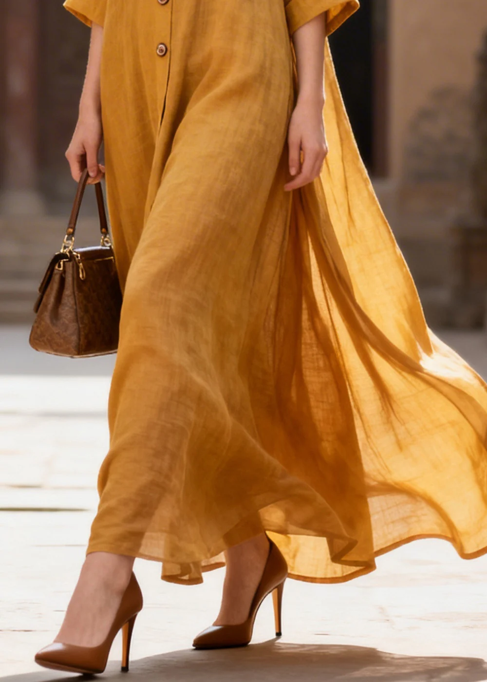 French Yellow Oversized Exra Large Hem Cotton Long Dress Summer - Image 4