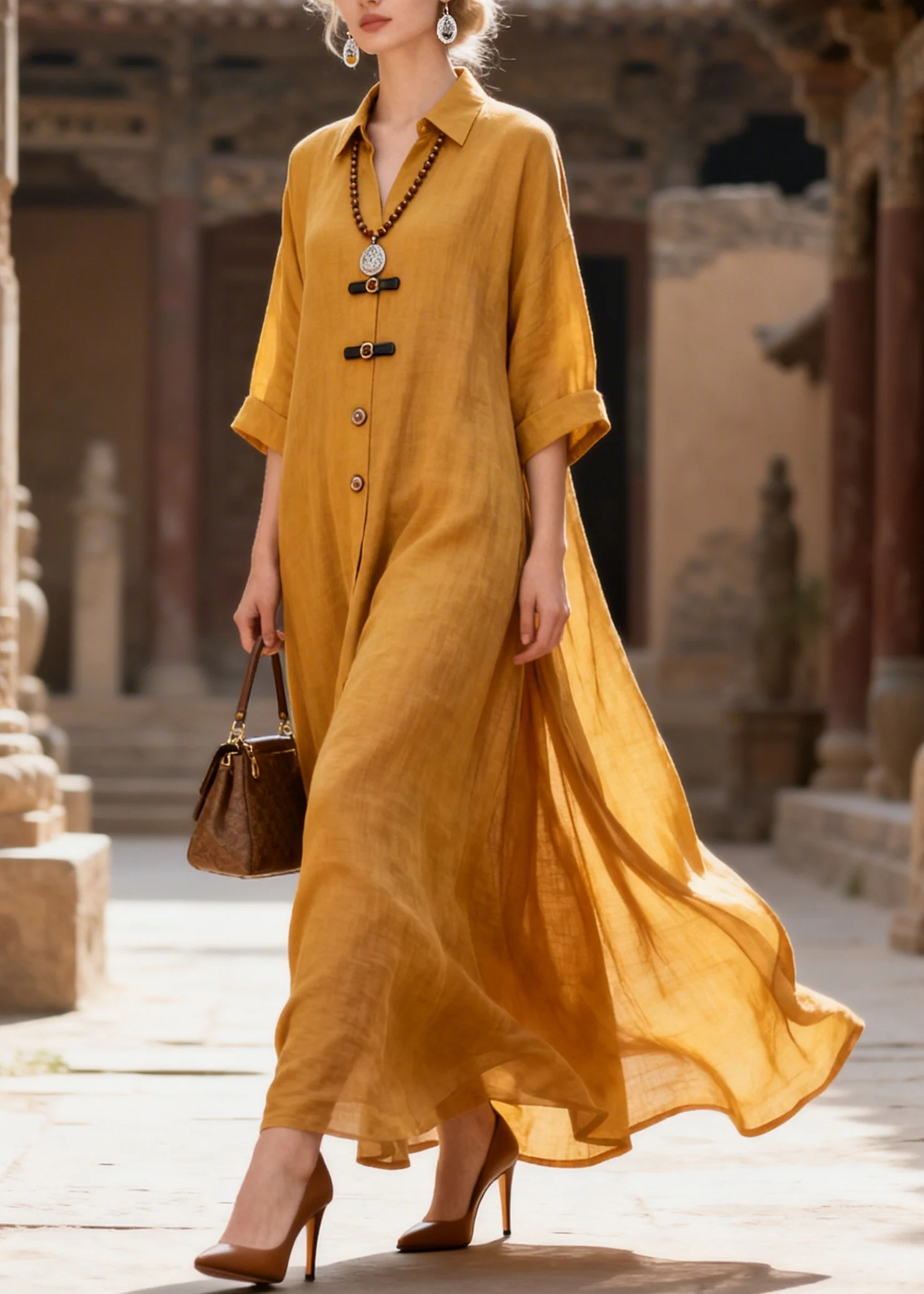 French Yellow Oversized Exra Large Hem Cotton Long Dress Summer - Image 5