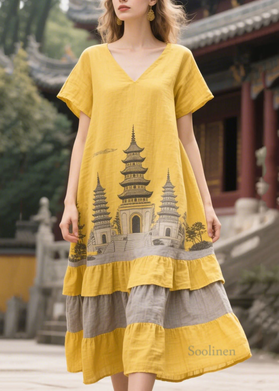 French Yellow Oversized Patchwork Linen Dress Summer - Image 5