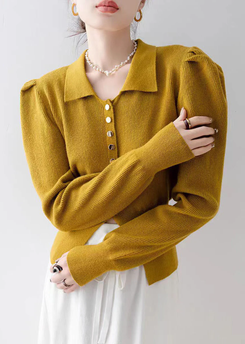 French Yellow Peter Pan Collar Side Open Knit Cardigan Spring - Image 2
