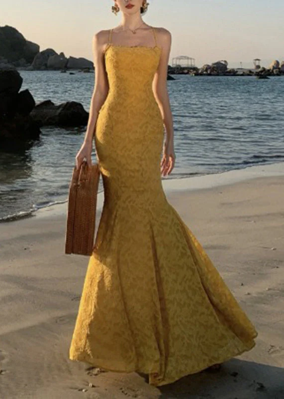 French Yellow Print Maxi Spaghetti Strap Fishtail Dress Sleeveless