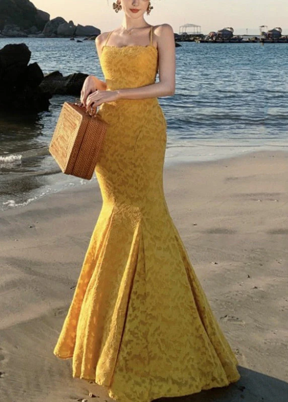 French Yellow Print Maxi Spaghetti Strap Fishtail Dress Sleeveless - Image 2