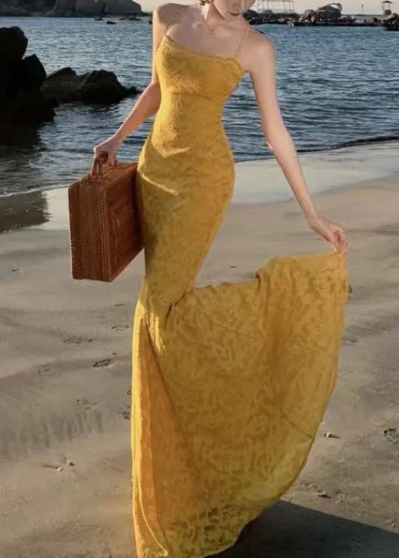 French Yellow Print Maxi Spaghetti Strap Fishtail Dress Sleeveless - Image 3